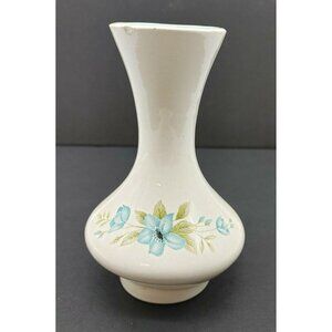 Ceramic Vase With Blue Floral Design & Turquoise Interior Marked Anna 1972 VTG